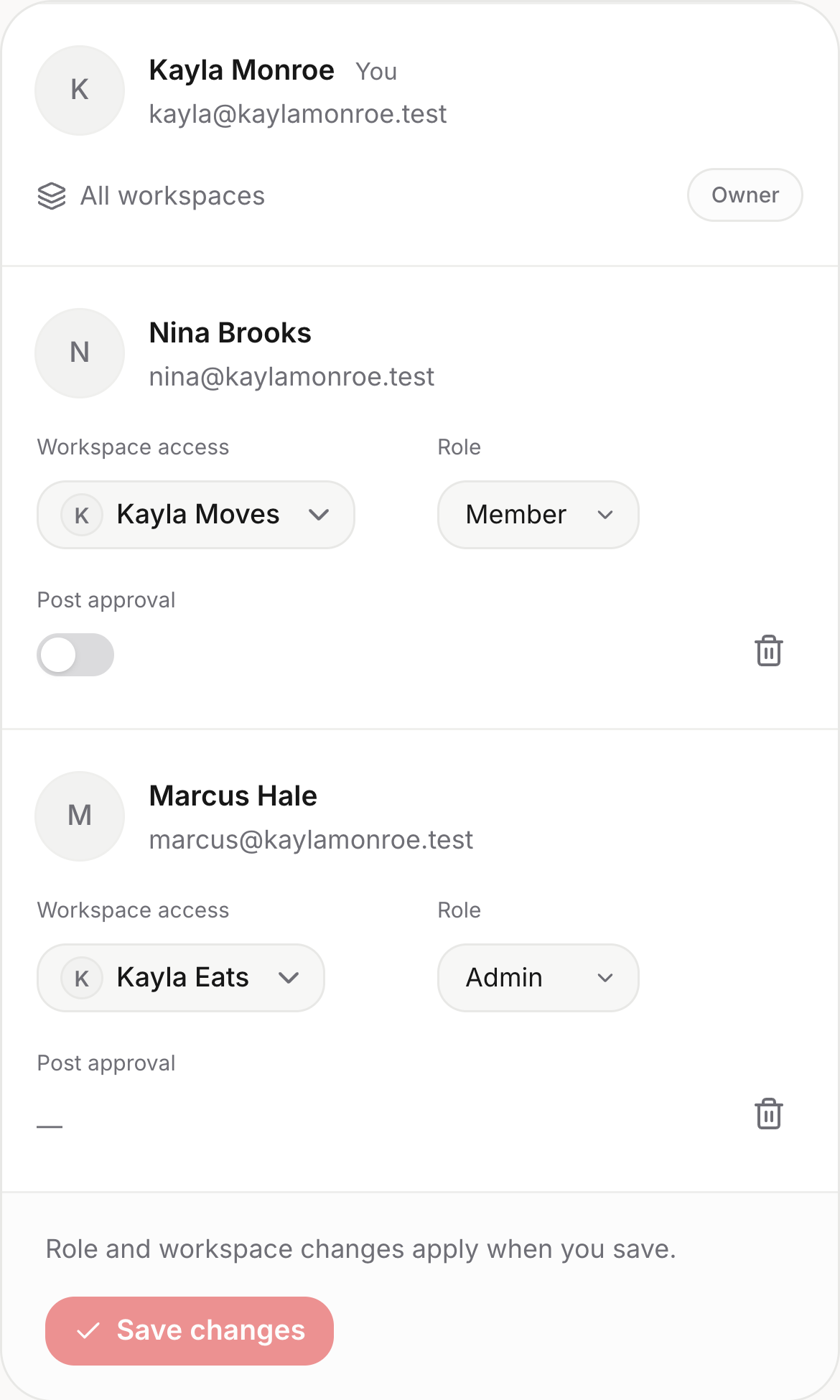 Illustrative Social Magnum interface: Kayla Monroe’s team. Nina Brooks posts for the Kayla Moves workspace with post approval turned on, Marcus Hale is an admin of Kayla Eats, and Nina’s Facebook post is approved by Kayla. All names and posts are fictional.